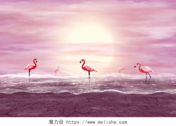 粉色火烈鸟在闪闪发光的水中数字艺术品